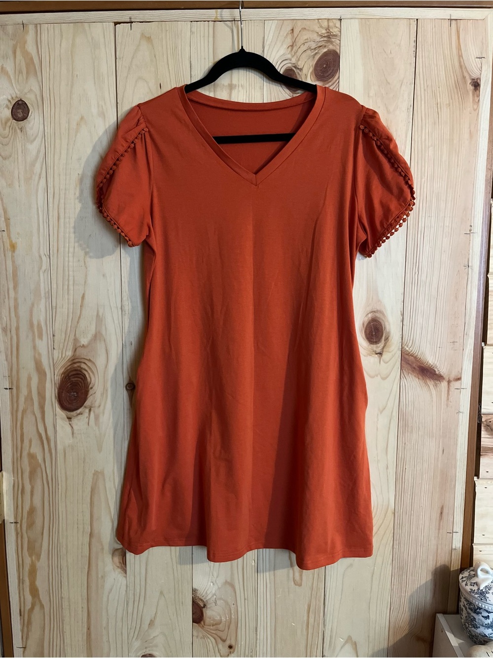 Burnt Orange Cotton V-Neck T-Shirt Dress